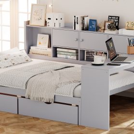 Wooden L-Shape Full Daybed Frame with Study Desk and Built-in Bookshelf