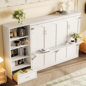 Queen Murphy Bed with Height Adjustable Storage Compartments and Shelf