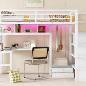 Metal Full Size Loft Bed With LED Light, Charge Station, Desk And Staircase