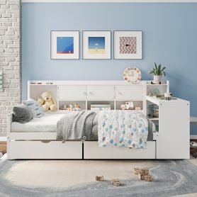 Full Size Wooden L-Shape Daybed with Seven Storage Cabinets and Two Storage Drawers