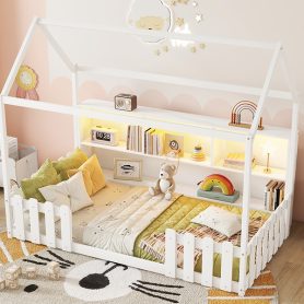 Wood Twin Size House Bed With LED Light, Storage Bookshelf, and Guardrails