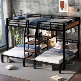 Metal Queen Over Twin Over Twin Bunk Bed With Storage Shelves And Storage Stairs