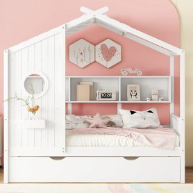 Wooden Twin Size House Bed With Trundle and Storage Shlef