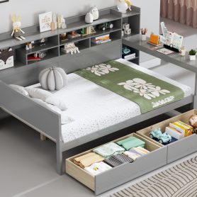 Wooden Full Size Daybed With Storage Shelves, Two Storage Drawers and Study Desk