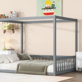 Full Size Canopy Frame Rubber Wood Floor Bed with Fence and Guardrails