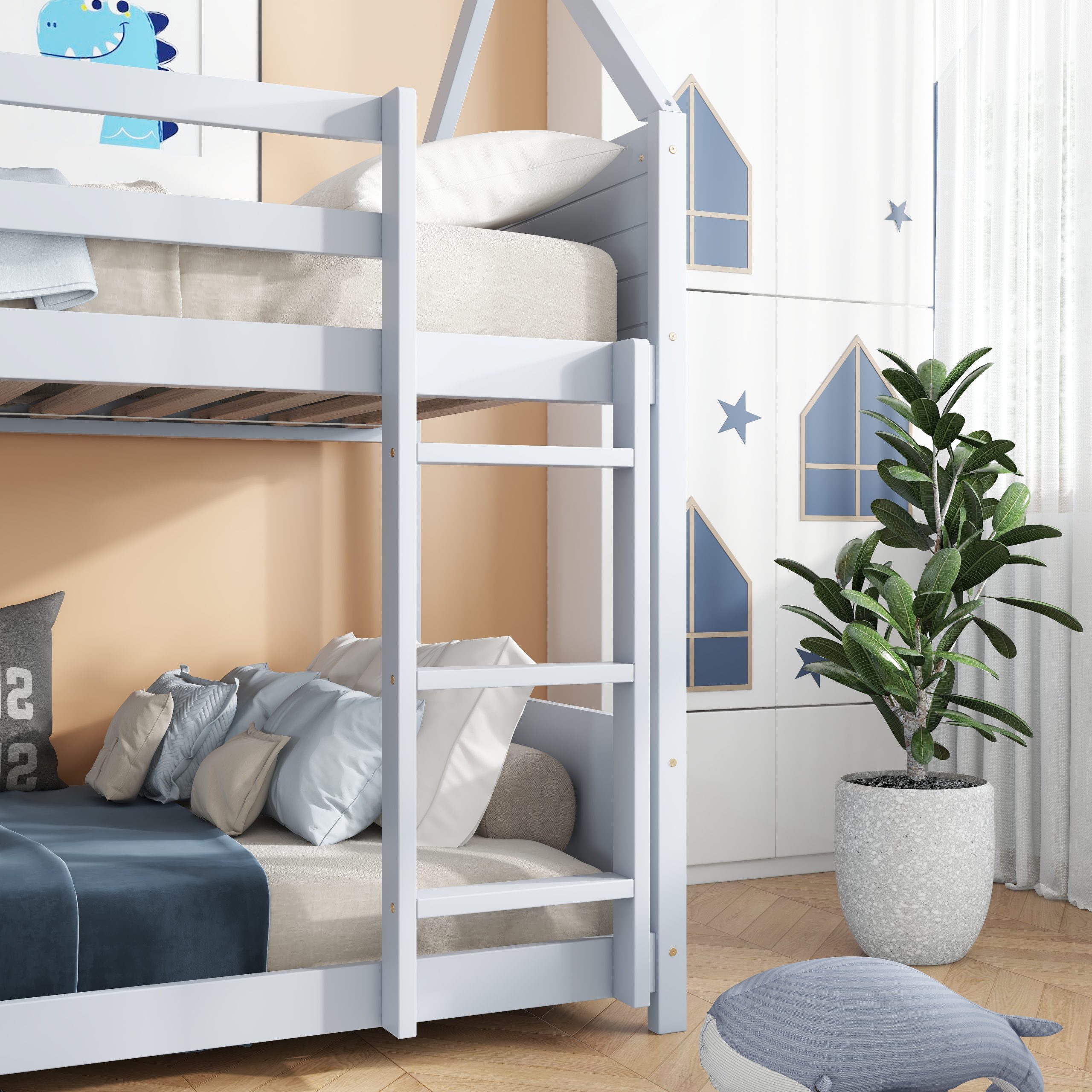 Rubber Wood Twin Over Twin House Floor Bunk Bed With Headboards, Footboards, Guardrails And Ladder 5 Rubber Wood Twin Over Twin House Floor Bunk Bed With Headboards, Footboards, Guardrails And Ladder
