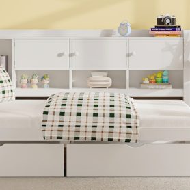 Wooden L-Shape Daybed with Seven Storage Cabinets and Two Storage Drawers
