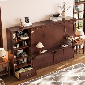Queen Size Murphy Bed with Height Adjustable Storage Compartments and Shelf