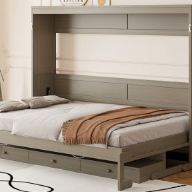 Queen Size Murphy Bed with Storage, Foldable Cabinet Bed with Vanity Desk, Center Mirror & 2 Side Drawers