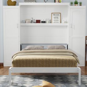 Queen Size Murphy Bed with 2 Wardrobe and Storage Shelf,