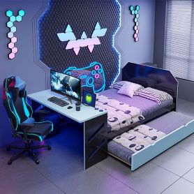 Full Size Wood Daybed with Twin Size Trundle, Desk and USB