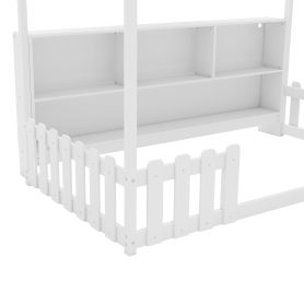 Wood Twin Size House Bed With LED Light, Storage Bookshelf, and Guardrails