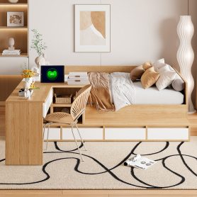 Full Size Wooden Platform Bed With 6 Drawers, Shelves And Dressing Table