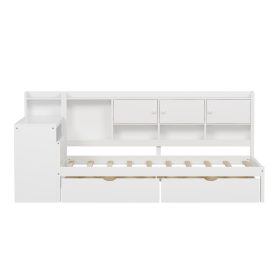 Wooden L-Shape Daybed with Seven Storage Cabinets and Two Storage Drawers