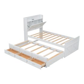 Twin Size Wooden Bed With Storage Headboard With Outlets, Twin Size Trundle With Three Storage Drawers