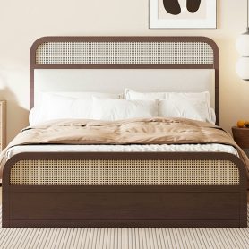 Queen Size Wooden Platform Bed With Trundle And 2 Drawers