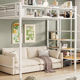 Twin Size Metal Loft Bed with Upper Grid Storage Shelf and Lateral Storage Ladder