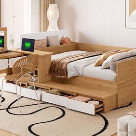 Full Size Wooden Platform Bed With 6 Drawers, Shelves And Dressing Table