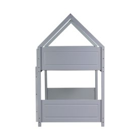 Twin Over Twin House Floor Bunk Bed with Headboards, Footboards and Guardrails, Ladder