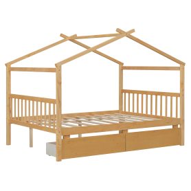 Full Size Wooden House Bed With Drawers