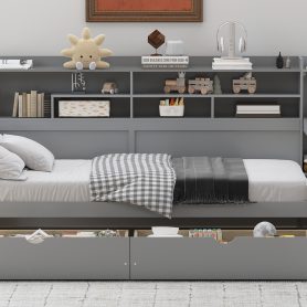 Wooden Twin Size Daybed With Storage Shelves, Two Storage Drawers  and  Study Desk