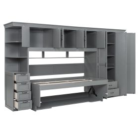 Twin Size Murphy Bed Wall Bed with Wardrobe, Cabinet and Desk