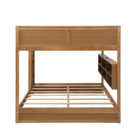 Queen Over Queen Bunk Bed with Built-in Storage Cabinets, Charging Station, Ladder, Safety Guardrails