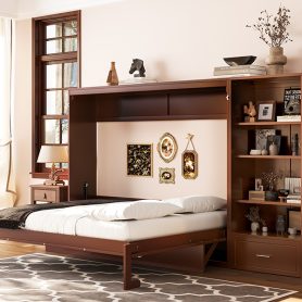 Queen Size Murphy Bed with Height Adjustable Storage Compartments and Shelf