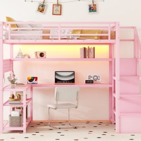 Metal Full Size Loft Bed With Staircase, Wardrobe, Desk, Storage Shelves, LED Lights and Charge Station