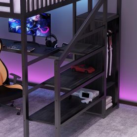 Metal Queen Size Loft Bed With L-Shaped Desk, USB, Wardrobe And LED Light