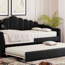 Twin Size Upholstered Daybed With Trundle , USB Charging Ports