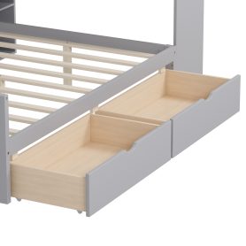 Wooden L-Shape Full Daybed Frame with Study Desk and Built-in Bookshelf