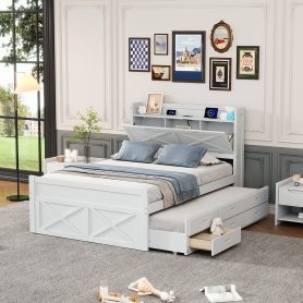 Full Size Wooden Bed With Storage Headboard With Outlets,  Twin Size Trundle With Three Storage Drawers