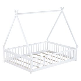 Full Size Rubber Wood Tent-shaped Floor Bed with Guardrails, Slats And Door