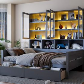 Full Size Wooden Daybed with Glass-Door Storage Cabinets, Built-in LED Lighting and Shelves