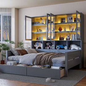 Full Size Wooden Daybed with Glass-Door Storage Cabinets, Built-in LED Lighting and Shelves