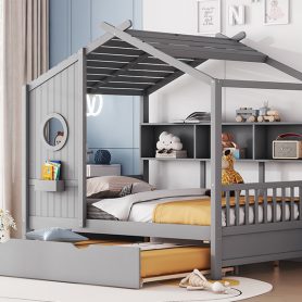 Wooden Full Size House Bed With Trundle and Storage Shlef