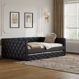 Full XL Size Upholstered Daybed with Trundle and LED