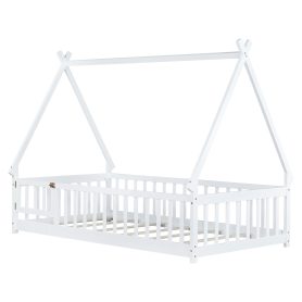 Twin Tent-shaped Floor Bed, Teepee Bed with Guardrails, Slats and Door