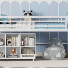 Twin Metal Low Loft Bed With Storage Cubby and Stairs