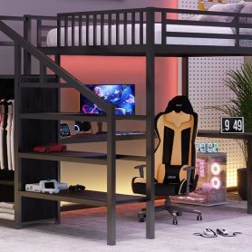 Metal Queen Size Loft Bed With L-Shaped Desk, USB, Wardrobe And LED Light
