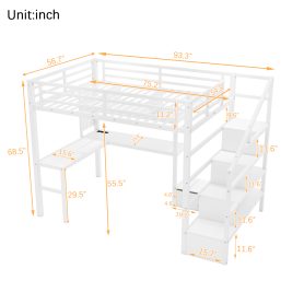 Metal Full Size Loft Bed With LED Light, Charge Station, Desk And Staircase