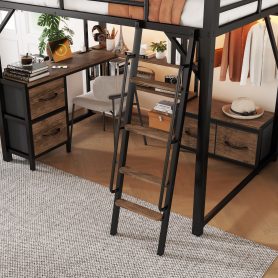 Full Size Loft Bed with Desk and Light, Metal Loft Bed with Storage Shelves