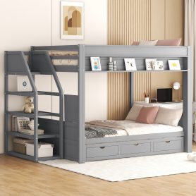 Full Size Convertible Bunk Bed with Storage Staircase, Bedside Table, and 3 Drawers