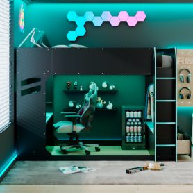 Full Size Wood Loft Bed With Height-adjustable Desk, Drawers, Storage Compartments, Hanging Rod And RGB Lights