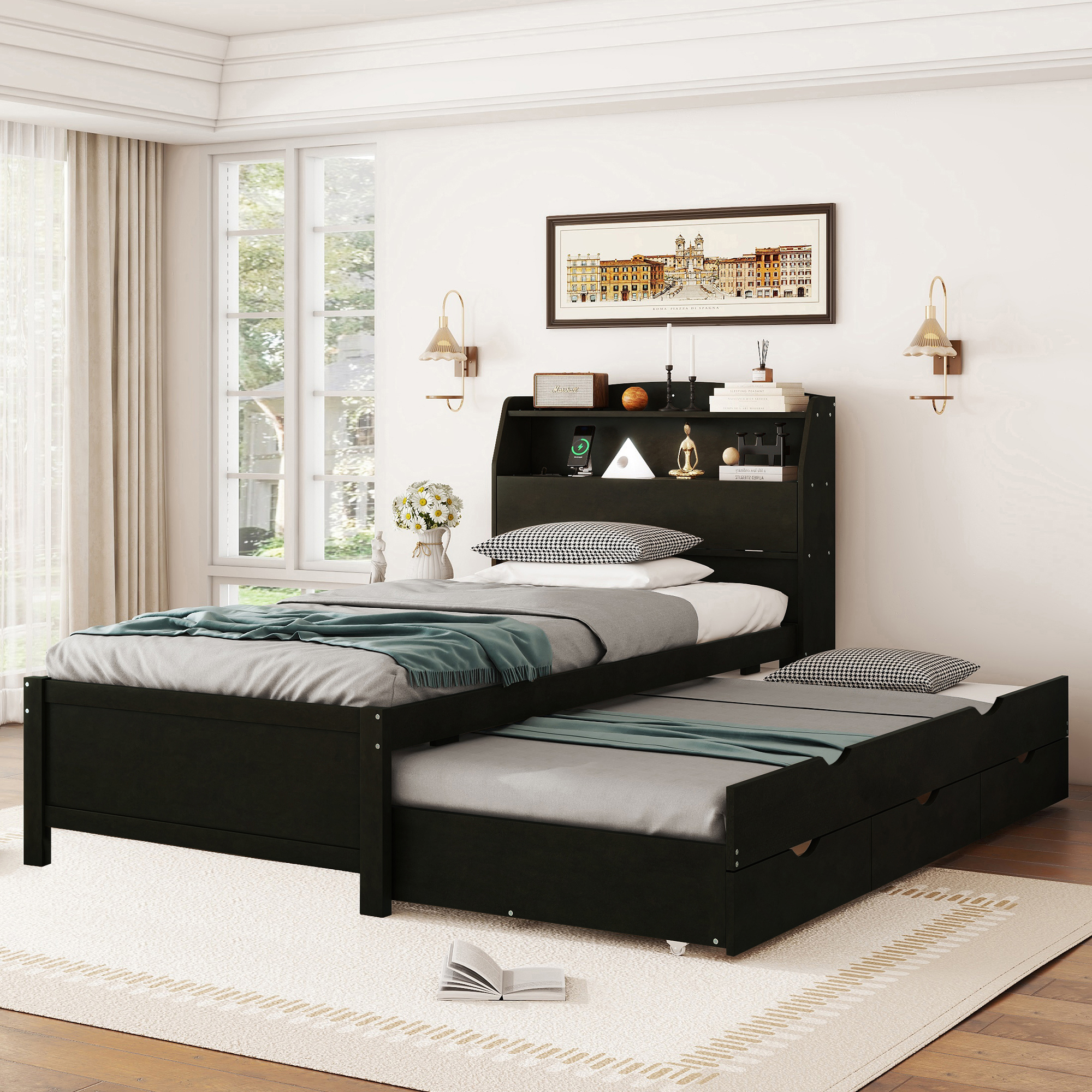 Assembly Instruction For N820S10008D 3 Twin Size Wooden LED Platform Bed with Trundle, Storage Headboard and Drawers