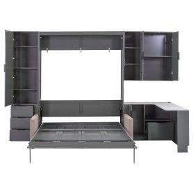 Queen Wall Murphy Bed with Hydraulic Storage, Sofa, Shelves & Drawers, LED/USB Lighting