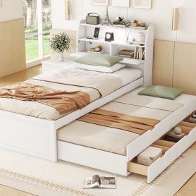 Twin Size Wooden LED Platform Bed with Trundle, Storage Headboard and Drawers