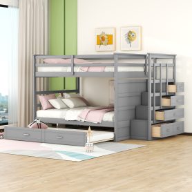 Full Over Full Bunk Bed with Twin Size Trundle and Staircase