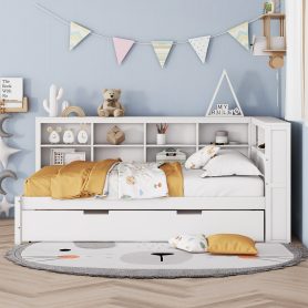 Full Size DayBed with Twin Size Trundle, Storage Shelf and USB Charging Ports